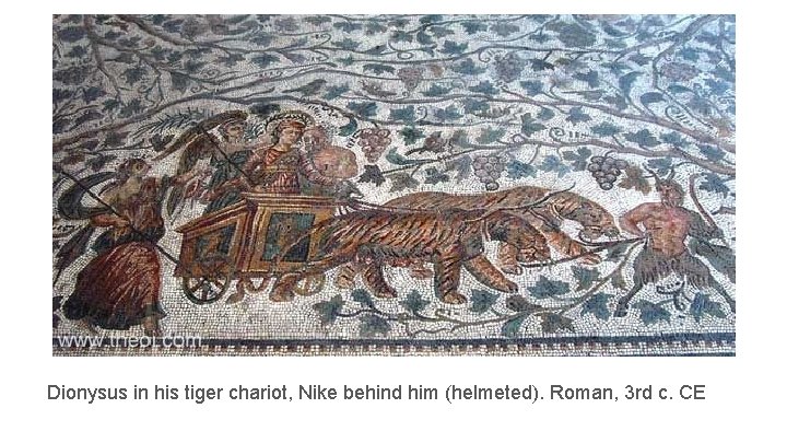 Dionysus in his tiger chariot, Nike behind him (helmeted). Roman, 3 rd c. CE