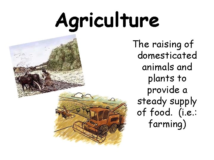 Agriculture The raising of domesticated animals and plants to provide a steady supply of