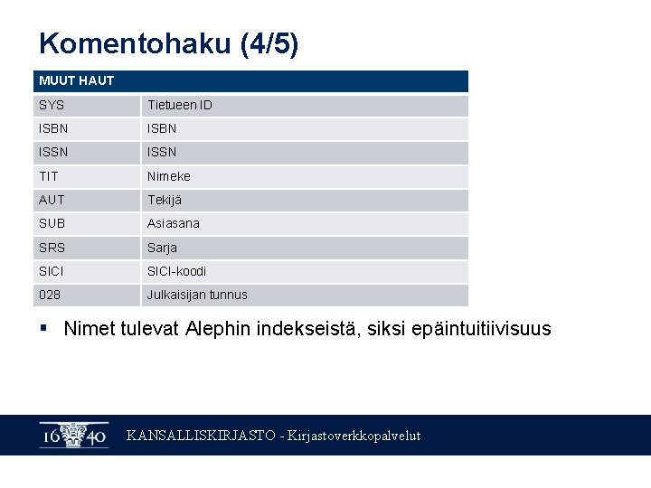 Komentohaku (4/5) MUUT HAUT SYS Tietueen ID ISBN ISSN TIT Nimeke AUT Tekijä SUB