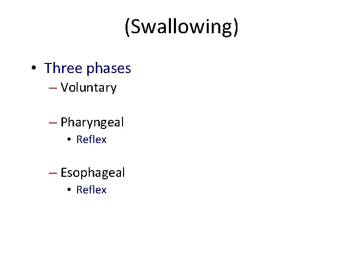 (Swallowing) • Three phases – Voluntary – Pharyngeal • Reflex – Esophageal • Reflex