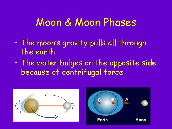 Moon & Moon Phases • The moon’s gravity pulls all through the earth • Moon & Moon Phases • The moon’s gravity pulls all through the earth •