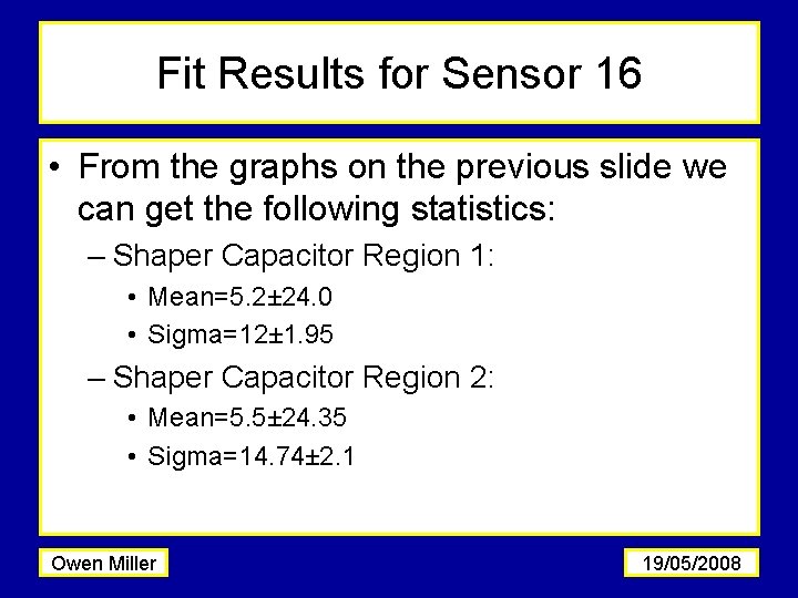 Fit Results for Sensor 16 • From the graphs on the previous slide we
