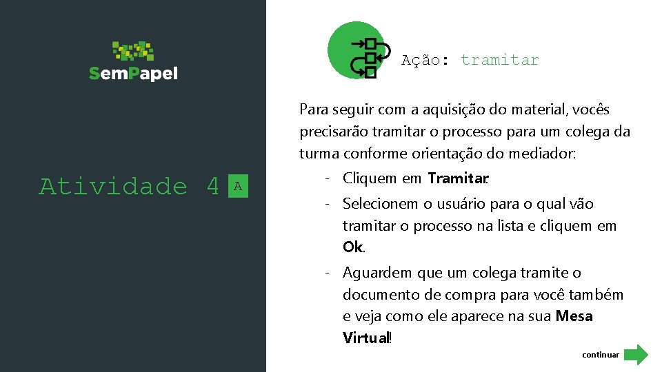 Ação: tramitar Para seguir com a aquisição do material, vocês precisarão tramitar o processo