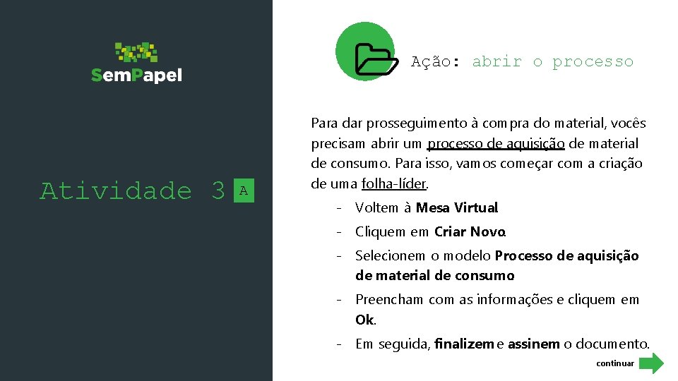 Ação: abrir o processo Atividade 3 A Para dar prosseguimento à compra do material,