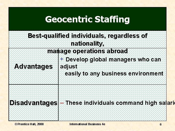 Geocentric Staffing Best-qualified individuals, regardless of nationality, manage operations abroad + Develop global managers