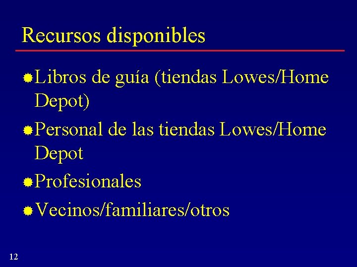 Recursos disponibles Libros de guía (tiendas Lowes/Home Depot) Personal de las tiendas Lowes/Home Depot