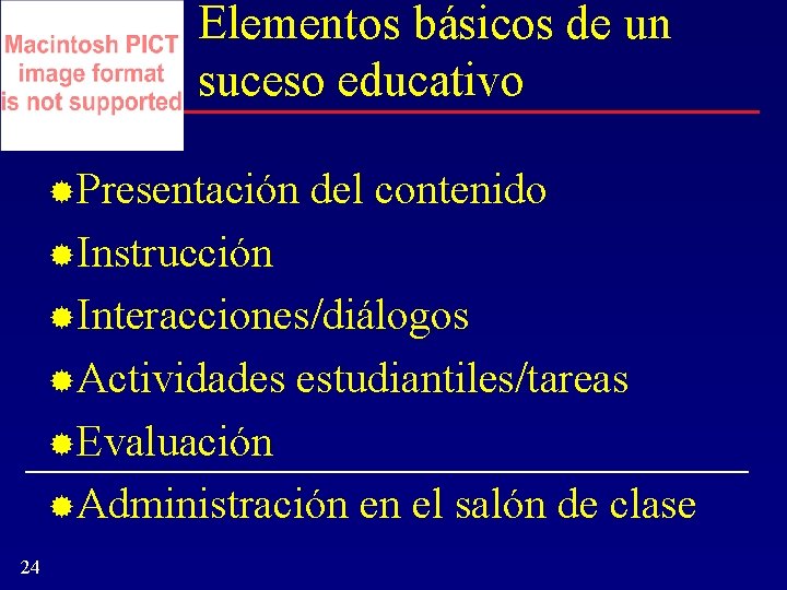 Elementos básicos de un suceso educativo Presentación del contenido Instrucción Interacciones/diálogos Actividades estudiantiles/tareas Evaluación