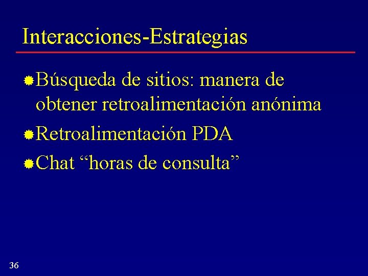 Interacciones-Estrategias Búsqueda de sitios: manera de obtener retroalimentación anónima Retroalimentación PDA Chat “horas de