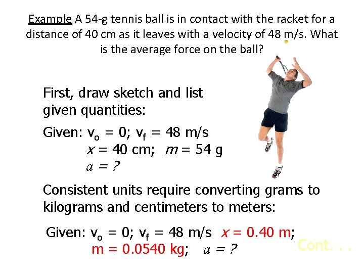 Example A 54 -g tennis ball is in contact with the racket for a