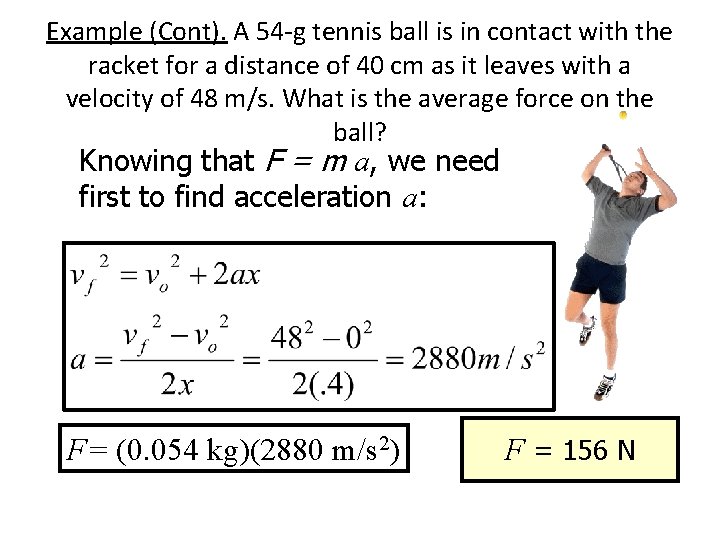 Example (Cont). A 54 -g tennis ball is in contact with the racket for