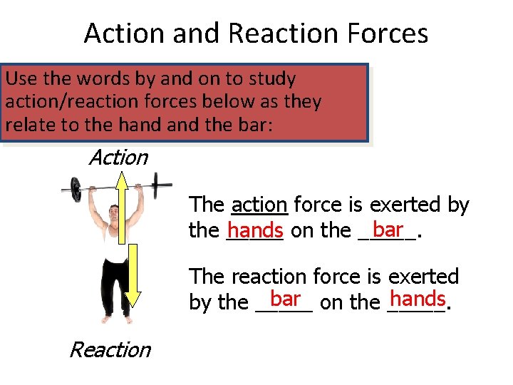 Action and Reaction Forces Use the words by and on to study action/reaction forces