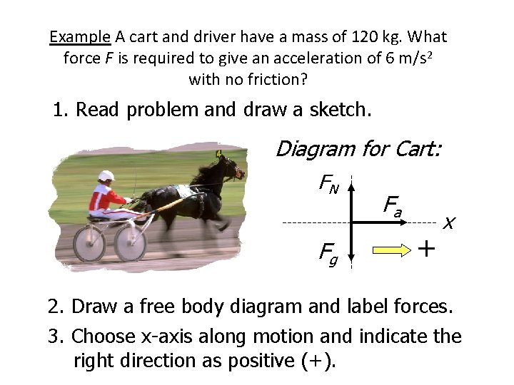 Example A cart and driver have a mass of 120 kg. What force F