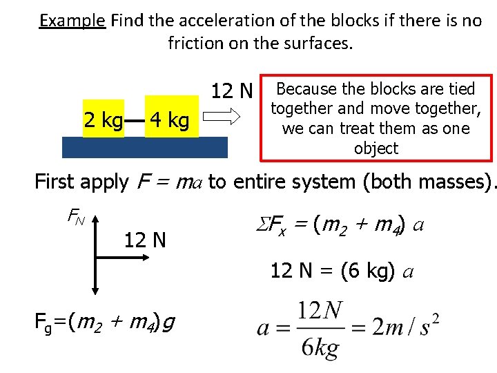 Example Find the acceleration of the blocks if there is no friction on the