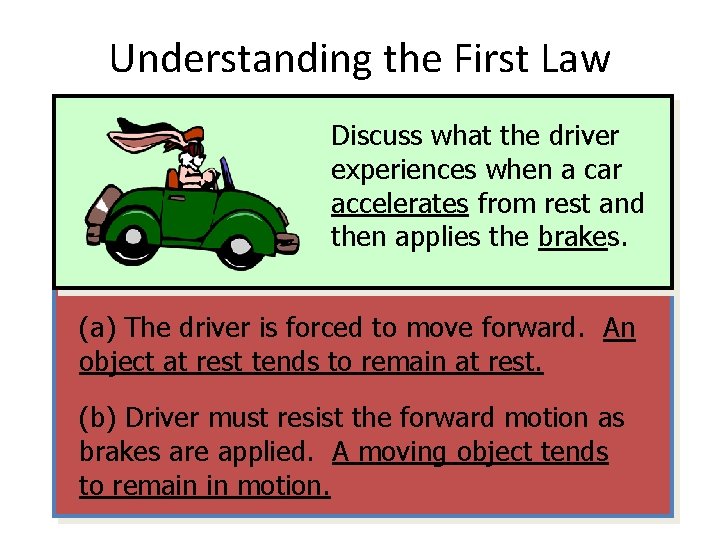 Understanding the First Law Discuss what the driver experiences when a car accelerates from
