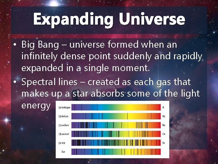 Expanding Universe • Big Bang – universe formed when an infinitely dense point suddenly Expanding Universe • Big Bang – universe formed when an infinitely dense point suddenly