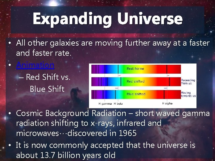 Expanding Universe • All other galaxies are moving further away at a faster and Expanding Universe • All other galaxies are moving further away at a faster and