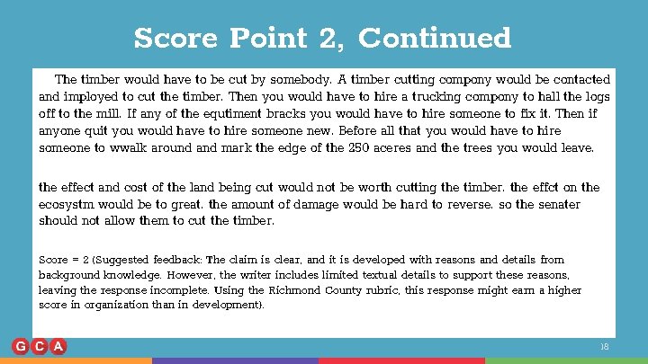 Score Point 2, Continued The timber would have to be cut by somebody. A