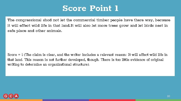 Score Point 1 The congressional shod not let the commercial timber people have there