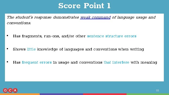 Score Point 1 The student’s response demonstrates weak command of language usage and conventions.