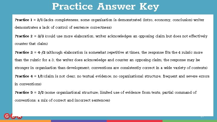 Practice Answer Key Practice 1 = 2/1 (lacks completeness; some organization is demonstrated (Intro,