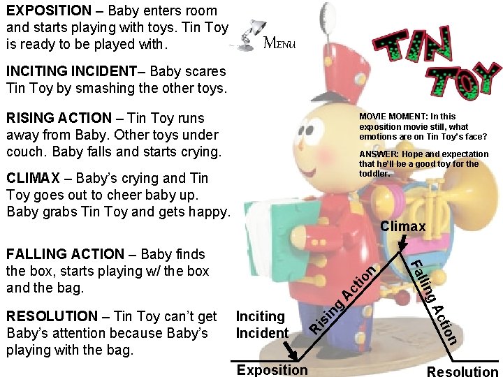 EXPOSITION – Baby enters room and starts playing with toys. Tin Toy is ready