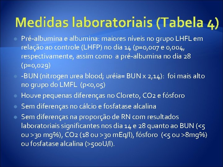 Medidas laboratoriais (Tabela 4) Pré-albumina e albumina: maiores níveis no grupo LHFL em relação