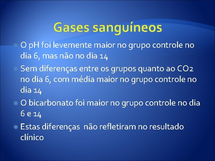 Gases sanguíneos O p. H foi levemente maior no grupo controle no dia 6,