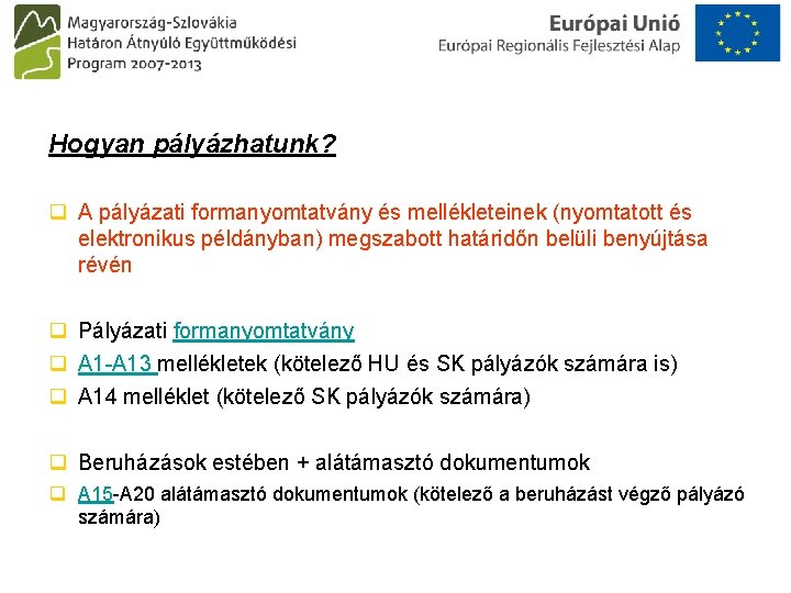 Hogyan pályázhatunk? q A pályázati formanyomtatvány és mellékleteinek (nyomtatott és elektronikus példányban) megszabott határidőn