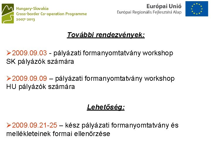 További rendezvények: Ø 2009. 03 - pályázati formanyomtatvány workshop SK pályázók számára Ø 2009.