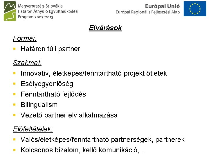 Elvárások Formai: § Határon túli partner Szakmai: § Innovatív, életképes/fenntartható projekt ötletek § Esélyegyenlőség