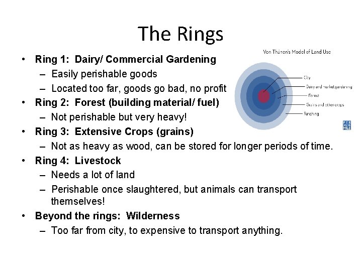 The Rings • Ring 1: Dairy/ Commercial Gardening – Easily perishable goods – Located