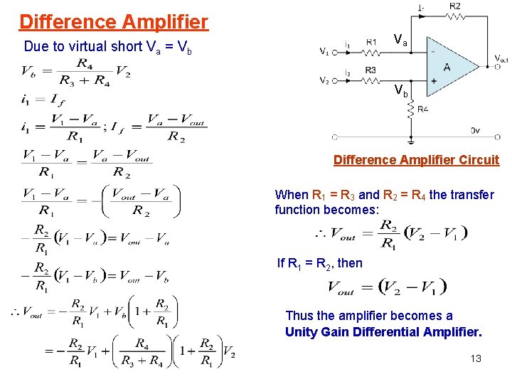 Difference Amplifier Va Due to virtual short Va = Vb Vb Difference Amplifier Circuit