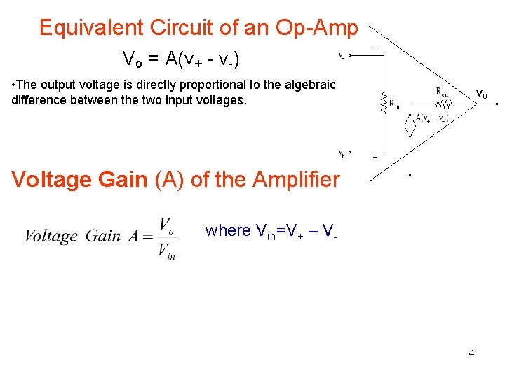Equivalent Circuit of an Op-Amp Vo = A(v+ - v-) • The output voltage