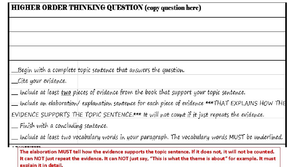 The elaboration MUST tell how the evidence supports the topic sentence. If it does