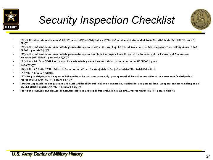 Security Inspection Checklist • • • (28) Is the unaccompanied access list (by name,