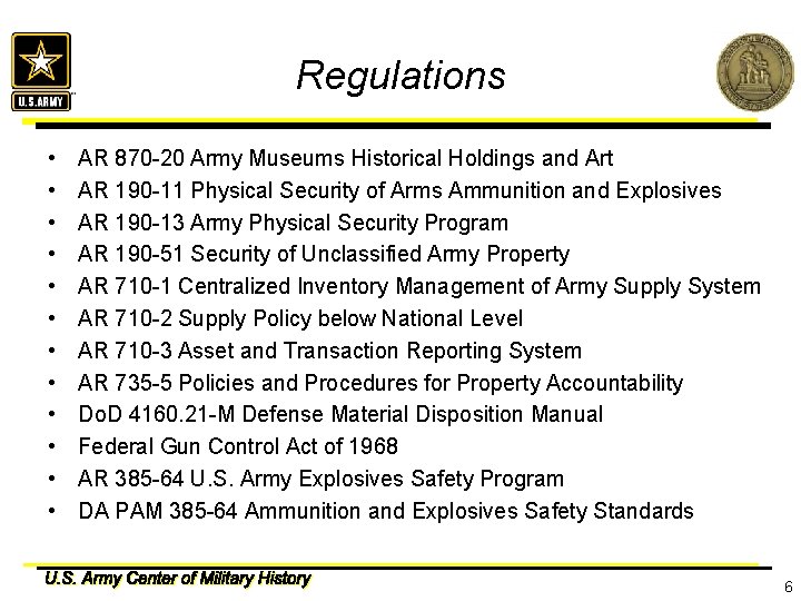 Regulations • • • AR 870 -20 Army Museums Historical Holdings and Art AR
