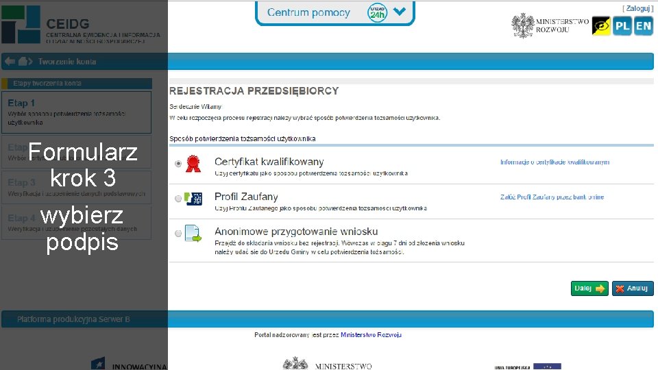 Formularz krok 3 wybierz podpis 