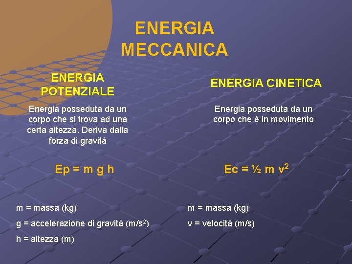 ENERGIA MECCANICA ENERGIA POTENZIALE Energia posseduta da un corpo che si trova ad una