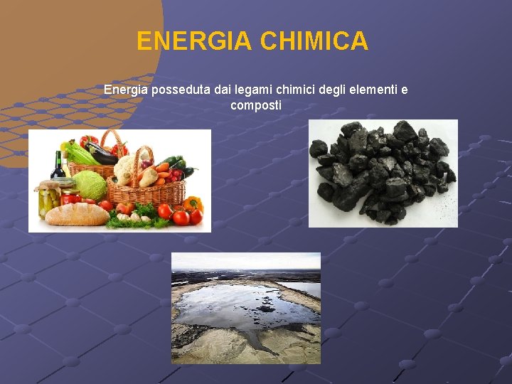 ENERGIA CHIMICA Energia posseduta dai legami chimici degli elementi e composti 