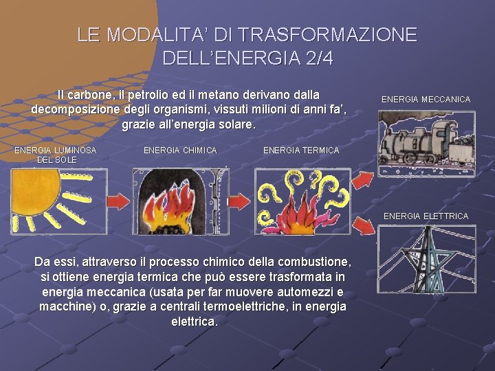 LE MODALITA’ DI TRASFORMAZIONE DELL’ENERGIA 2/4 Il carbone, il petrolio ed il metano derivano