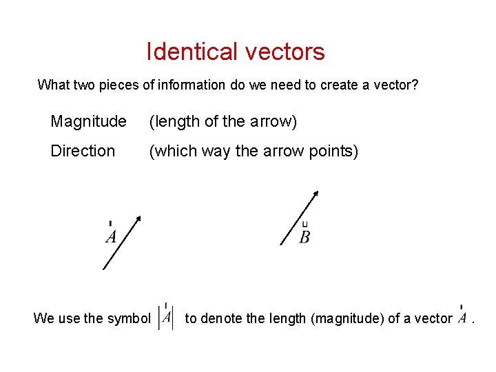 Identical vectors What two pieces of information do we need to create a vector?
