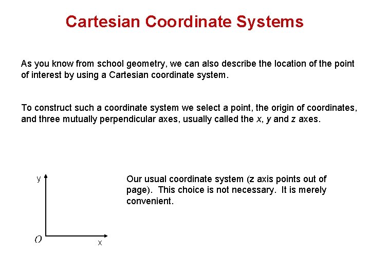 Cartesian Coordinate Systems As you know from school geometry, we can also describe the