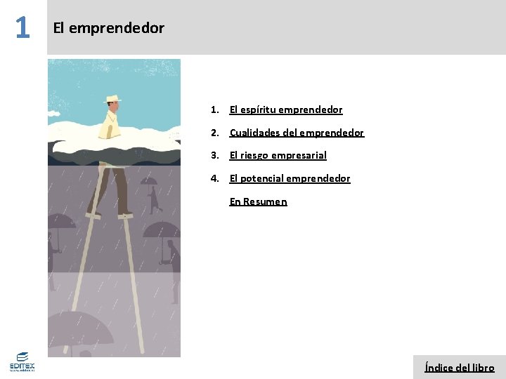 1 El emprendedor 1. El espíritu emprendedor 2. Cualidades del emprendedor 3. El riesgo