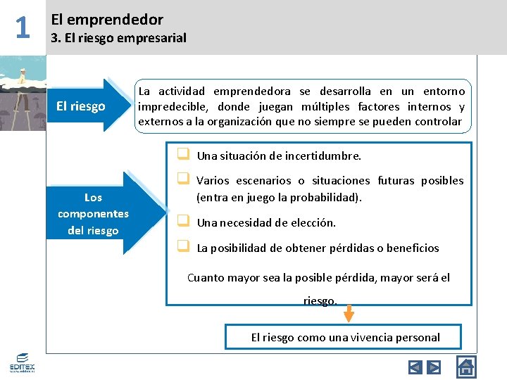 1 El emprendedor 3. El riesgo empresarial El riesgo La actividad emprendedora se desarrolla