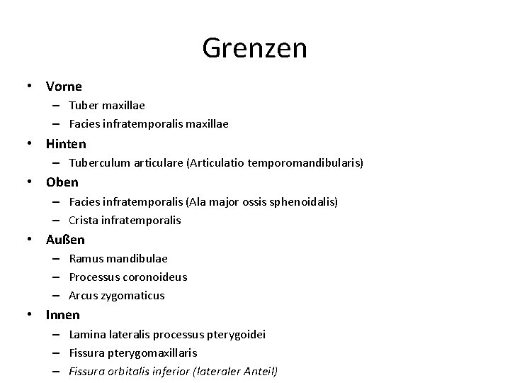 Grenzen • Vorne – Tuber maxillae – Facies infratemporalis maxillae • Hinten – Tuberculum