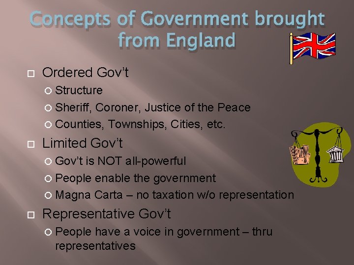 Concepts of Government brought from England Ordered Gov’t Structure Sheriff, Coroner, Justice of the