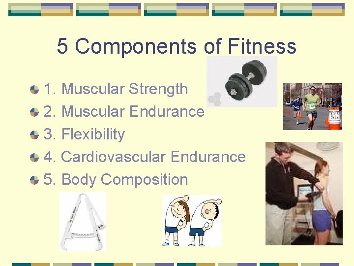 5 Components of Fitness 1. Muscular Strength 2. Muscular Endurance 3. Flexibility 4. Cardiovascular