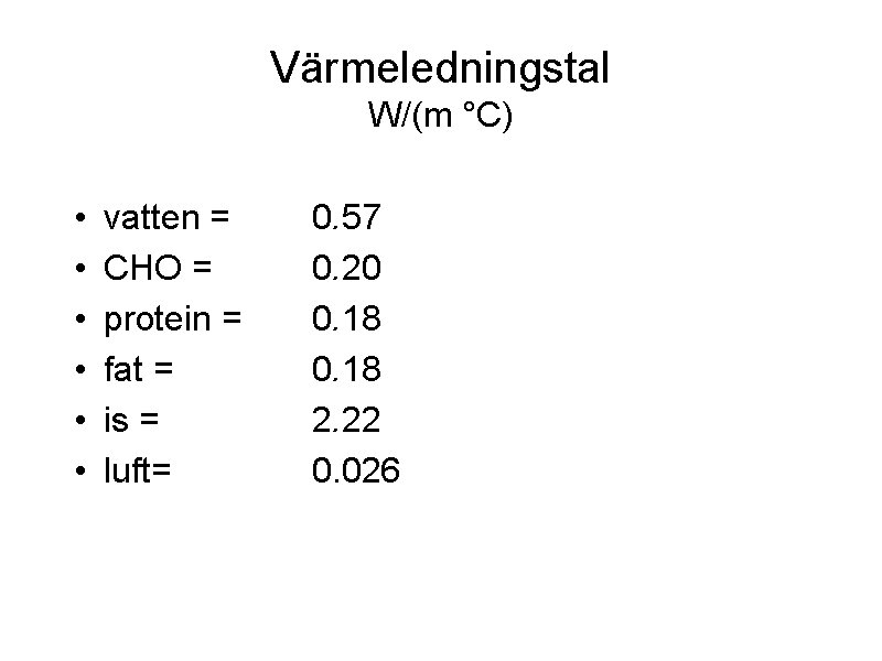 Värmeledningstal W/(m °C) • • • vatten = CHO = protein = fat =