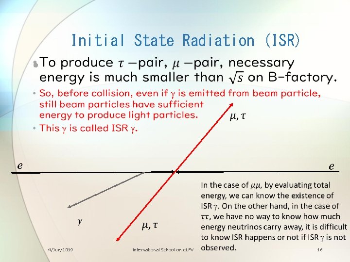 Initial State Radiation (ISR) • 4/Jun/2019 International School on c. LFV 16 