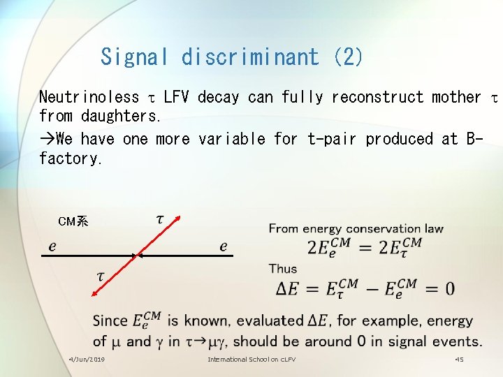 Signal discriminant（2） Neutrinoless t LFV decay can fully reconstruct mother t from daughters. We